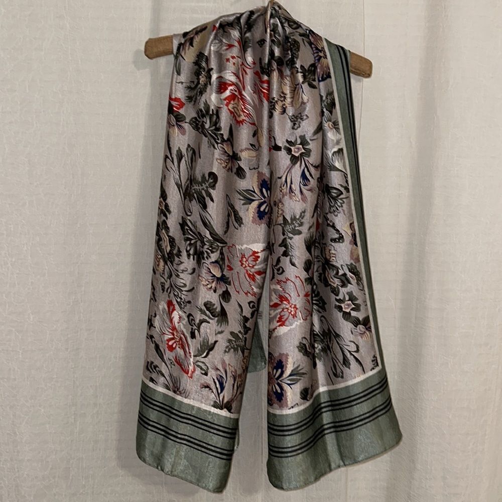 Seafoam Green Red Ivory White Mauve Floral Striped Edge Large Silk Blend Scarf